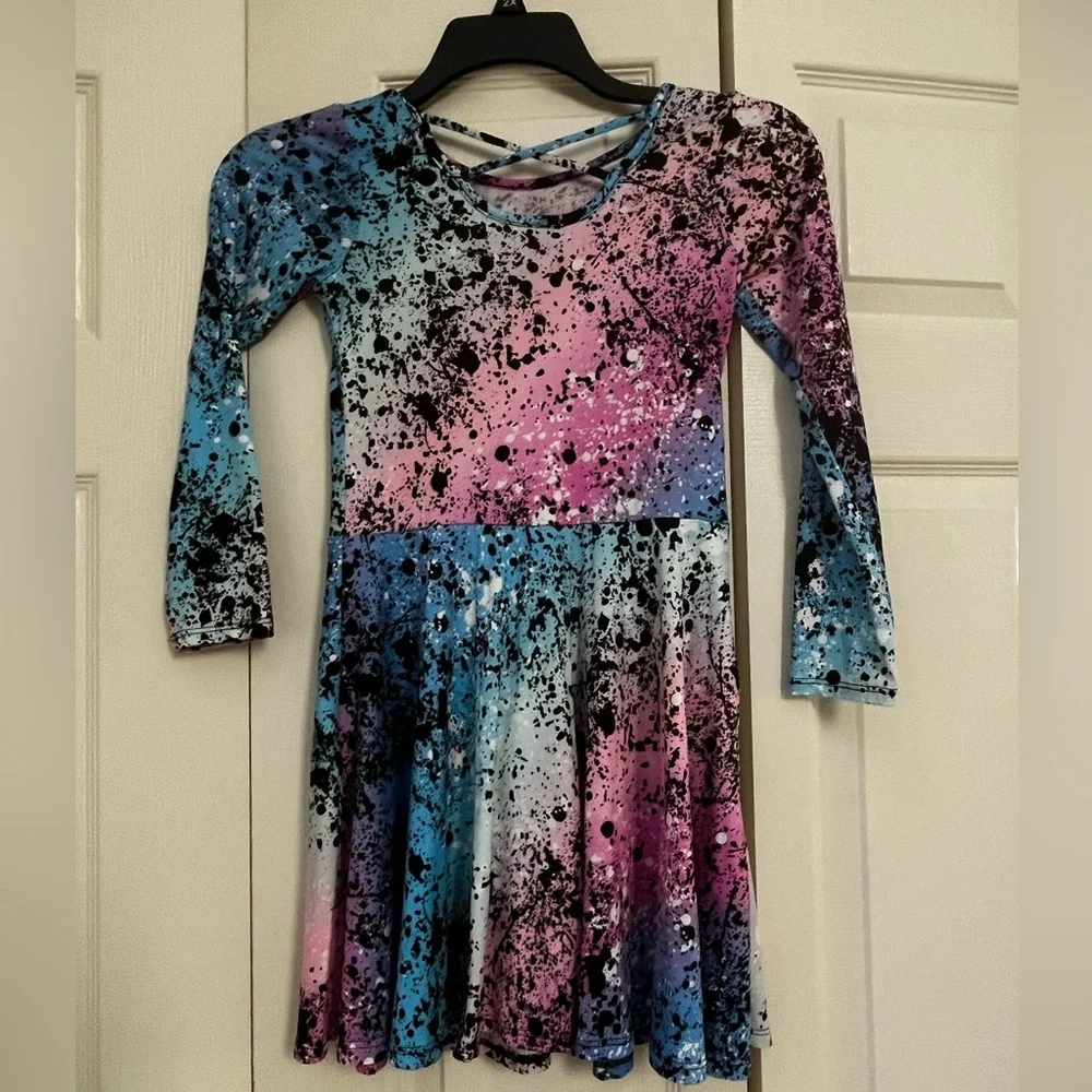 EUC - Pixielane Long Sleeve Skater Dress - Blue and Pink Splatter - Girls 9/10